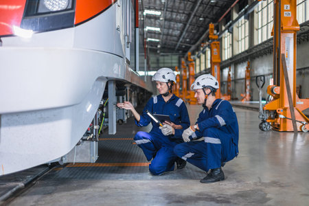 Train engineer working, Train mechanic check inspecting railway track and engine at Train station...