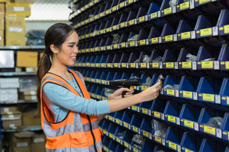 happy woman worker engineer technician staff work in factory products parts inventory warehouse...