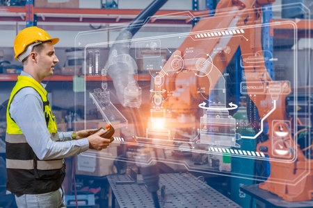 professional engineer, using advance technology in modern factory industrial robot welding arm machine control operatorの写真素材