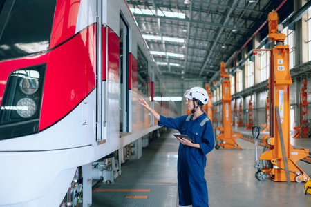 Train engineer working, Train mechanic check inspecting railway track and engine at Train station...