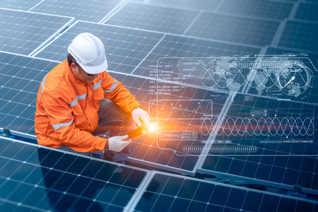 Solar panels control. Professional engineer monitor panel using Advance power management software....