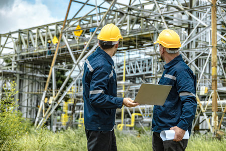 oil and gas refinery petroleum plant worker, working engineer check service maintenance gas...