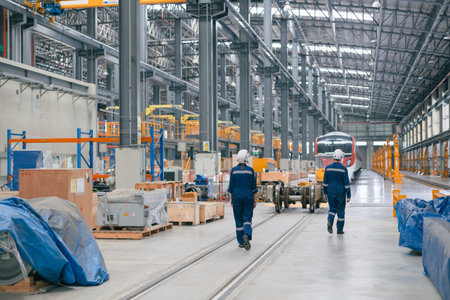 train locomotive engineer working check inspecting maintenance railway track at Train station,...