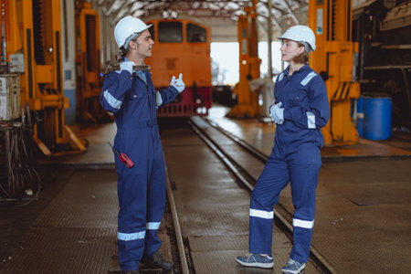 Train engineer mechanic worker team working together at train depot service maintenance old diesel...