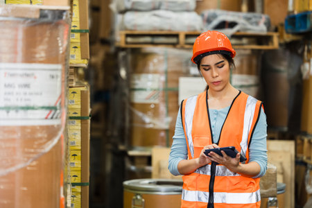 Asian warehouse worker intent to work products stock counting monitor at online tablet with safety vest hardhatの写真素材