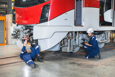 Train engineer working, Train mechanic check inspecting railway track and engine at Train station depot, Advance transport engineeringの写真素材