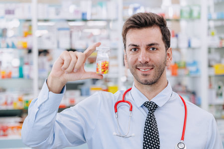 Happy Doctor Pharmacist man in drug store hand holding medicine capsule pills pack, Druggist Health Medicare service advertisingの写真素材