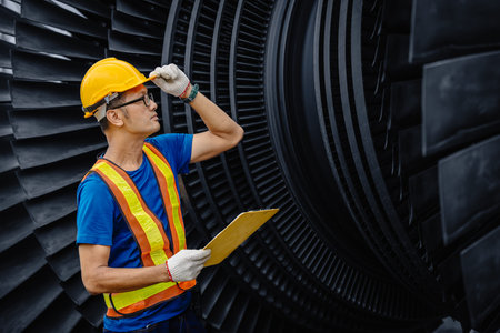 Professional Asian engineer male working checking service coal power plant steam gas turbine fan...