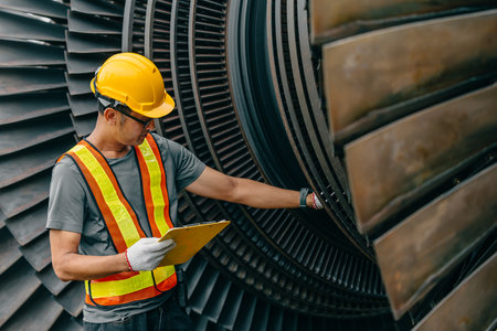 Professional Asian engineer male working checking service coal power plant steam gas turbine fan blade electrical generator propulsion systems.の写真素材