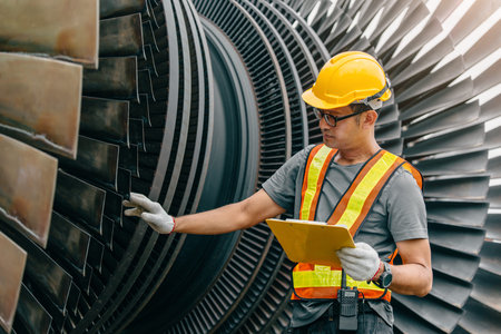 Professional Asian engineer male working checking service coal power plant steam gas turbine fan blade electrical generator propulsion systems.の写真素材