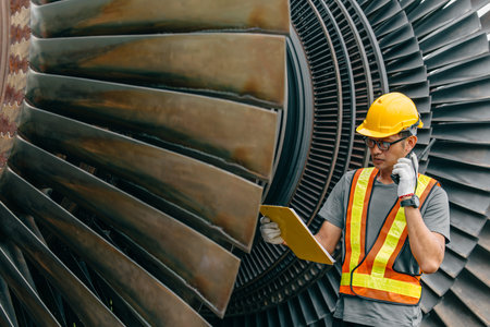 Professional Asian engineer male working checking service coal power plant steam gas turbine fan...