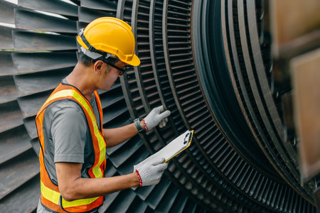 Professional Asian engineer male working checking service coal power plant steam gas turbine fan...