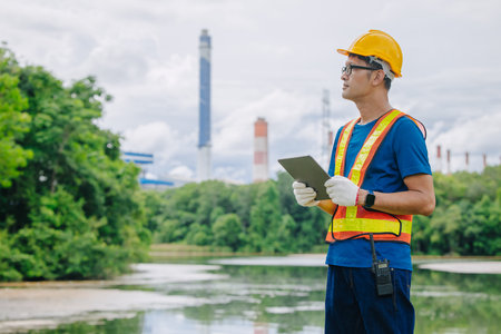 Professional engineer male worker with coal power plant, Power station with green nature backgroundの写真素材