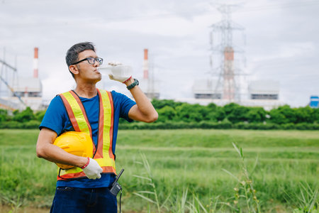 Engineer male Asian worker drinking clean water while working outdoor, Thirsty dry refreshing drink...