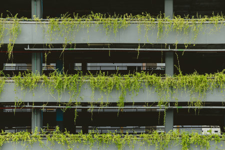 Building parking area with green plants growth. Modern green city, Vertical garden, Eco friendly environment. Sustainable urban, Carbon absorb architectureの写真素材