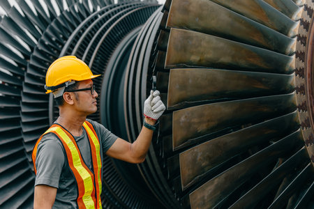 Professional Asian engineer male working checking service coal power plant steam gas turbine fan...