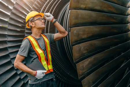 Professional Asian engineer male working checking service coal power plant steam gas turbine fan blade electrical generator propulsion systems.の写真素材