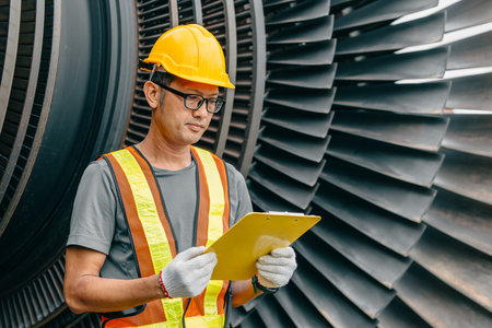 Professional Asian engineer male working checking service coal power plant steam gas turbine fan...