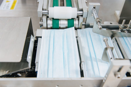 Face mask factory, Surgical mask plant production line, Closeup machine conveyor belt roller in...