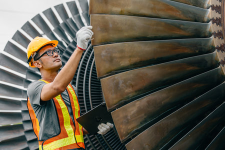 Professional Asian engineer male working checking service coal power plant steam gas turbine fan...