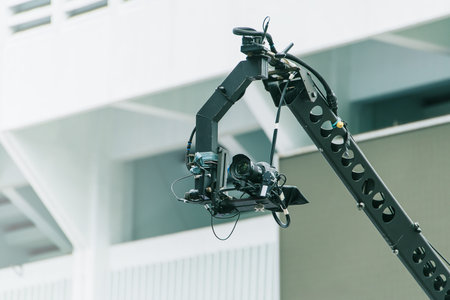 Camera Jib moving crane outdoor for high angle shot, Professional cinematography equipment in Video...
