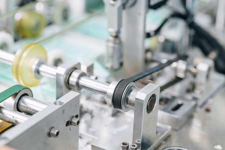 Face mask factory, Surgical mask plant production line, Closeup machine conveyor belt roller in clean hygiene factoryの写真素材