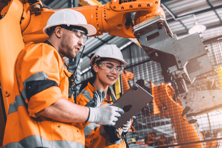 Engineer team service robot welding working in automation factory. People workers safety work control robot machine in heavy industry technology.の写真素材