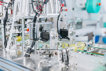 Face mask factory, Surgical mask plant production line, Closeup machine conveyor belt roller in clean hygiene factoryの写真素材