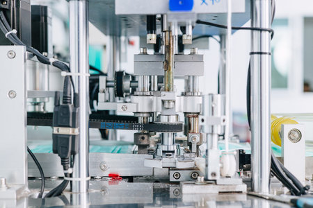 Face mask factory, Surgical mask plant production line, Closeup machine conveyor belt roller in...