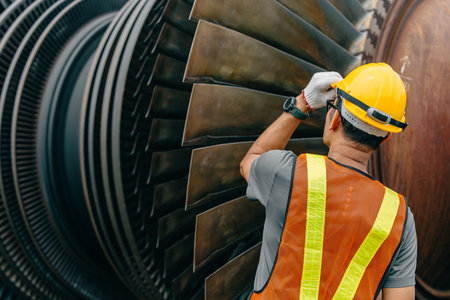 Professional Asian engineer male working checking service coal power plant steam gas turbine fan blade electrical generator propulsion systems.の写真素材
