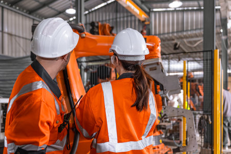 Robotic technician engineer male training helping young women team control operate robot welding arm in modern automated industry factoryの写真素材