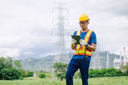 Professional engineer male with power line, Electrical distribution from power station service team...
