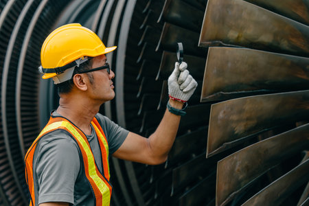 Professional Asian engineer male working checking service coal power plant steam gas turbine fan blade electrical generator propulsion systems.の写真素材