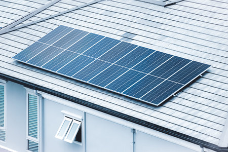Solar roof top, Solar panel installed at modern house roof for saving home energy electricity cost,...