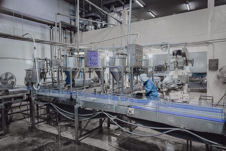 Quiet factory, few plant worker cleaning production line convey belt prepare to close food factory...