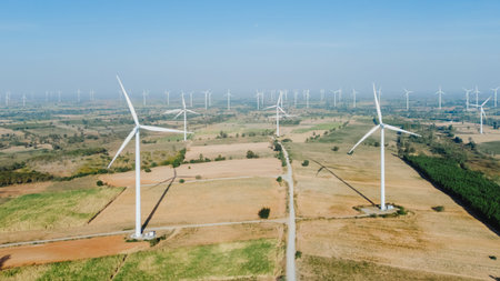 Wind turbine farm landscape wide area in mountain field clean power system, Electricity generator,...