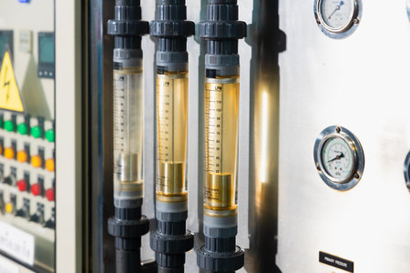 Water flow meter in drinking water industry, LPM Flowmeter pressure gauge machine purifier process pipe controlの写真素材