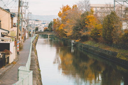 Water canal in Japan city, Beautiful landscape of Japanese public irrigation canal.の写真素材