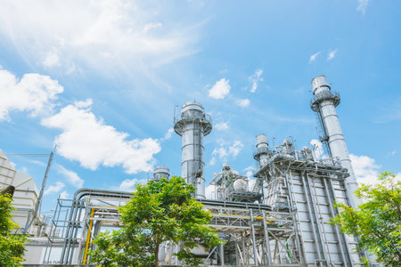 Power plant with tree park. green industry, Eco power for sustainable future energy, Saving power, Environmental friendly low carbon footprint.の写真素材