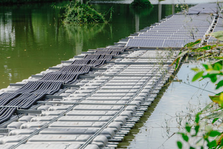 Floating Solar Panel. Solar photovoltaic panel PV System in Industry lake water pond. Saving Energy...