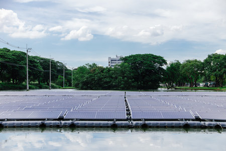 Floating Solar Panel. Solar photovoltaic panel PV System in Industry lake Smart city water pond. Saving Energy with Clean Power.の写真素材