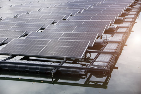 Floating Solar Panel. Solar photovoltaic panel PV System in Industry lake Smart city water pond. Saving Energy with Clean Power.の写真素材