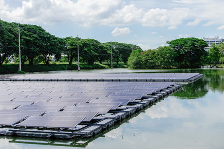 Floating Solar Panel. Solar photovoltaic panel PV System in Industry lake Smart city water pond. Saving Energy with Clean Power.の写真素材