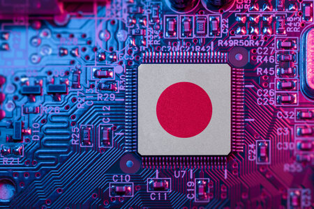 Japan on Computer Chip for Japanese Chip War Concept. Country chipmakers, Microchip market share on...