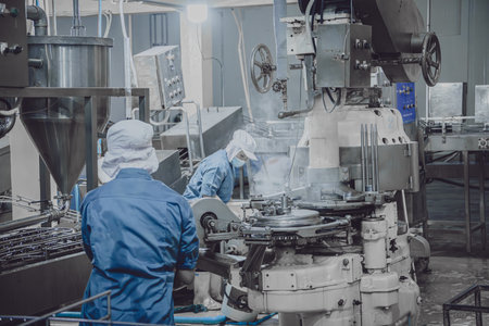 Quiet factory, few plant worker cleaning production line convey belt prepare to close food factory at nightの写真素材