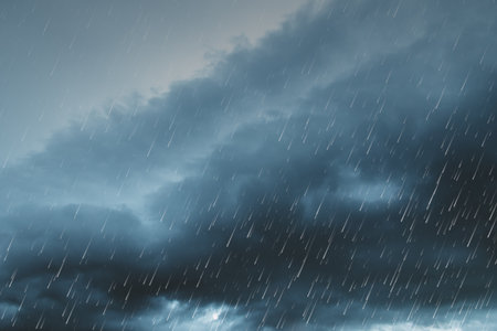 raining season. summer storm, dark sky cloudy heavy rain with thunder strike, weather in rainy seasonの写真素材