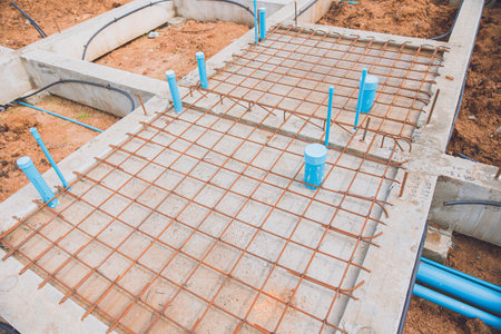 Footing foundation construction site, Shallow Foundation ground floor pavement concrete beams and...