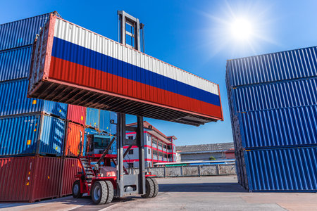 Products container, Shipping cargo goods with Russia flag for import export business from Russia country conceptの写真素材