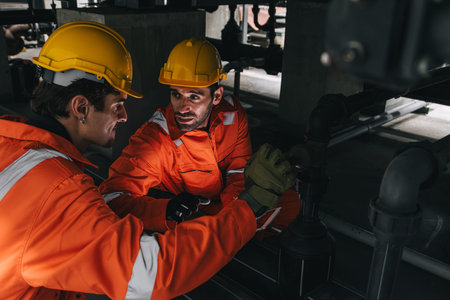 Two professional engineer male teamwork service maintenance, Worker industry water pipe tubing valve...