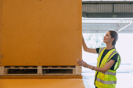Caucasian woman professional warehouse worker working read cargo label, check stock inventory supply...